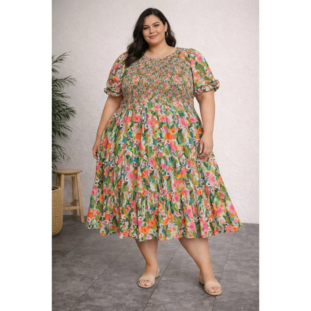 Ivy City Co. Delia Pink Floral Midi Dress Size 4X XXXXL Easter Flower Summer - Picture 1 of 2